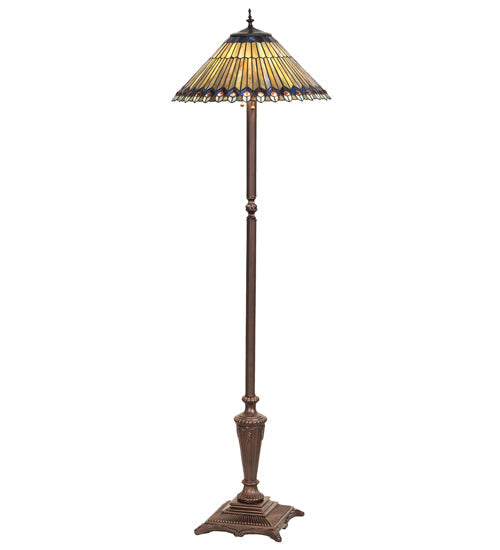 Meyda Lighting Tiffany Jeweled Peacock 64" 3-Light Mahogany Bronze Peacock Floor Lamp With Multi-Colored Stained Shade Glass