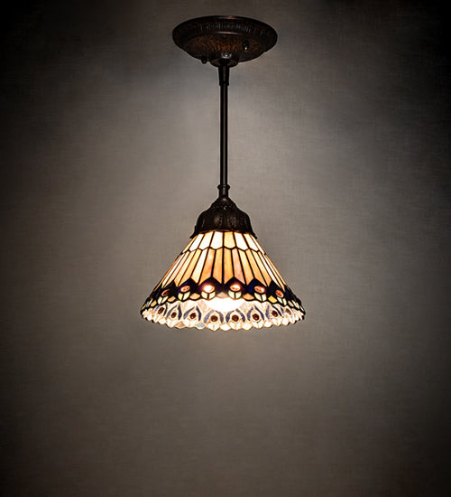 Meyda Lighting Tiffany Jeweled Peacock 8" Mahogany Bronze Mini Pendant Light With Multi-Colored Stained Shade Glass