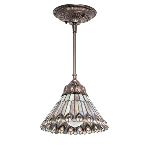 Meyda Lighting Tiffany Jeweled Peacock 8" Mahogany Bronze Mini Pendant Light With Multi-Colored Stained Shade Glass