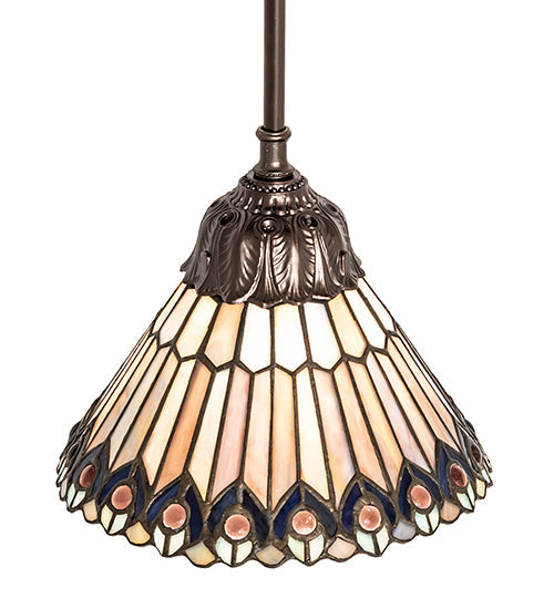 Meyda Lighting Tiffany Jeweled Peacock 8" Mahogany Bronze Mini Pendant Light With Multi-Colored Stained Shade Glass