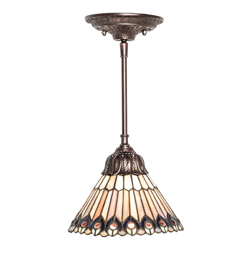 Meyda Lighting Tiffany Jeweled Peacock 8" Mahogany Bronze Mini Pendant Light With Multi-Colored Stained Shade Glass