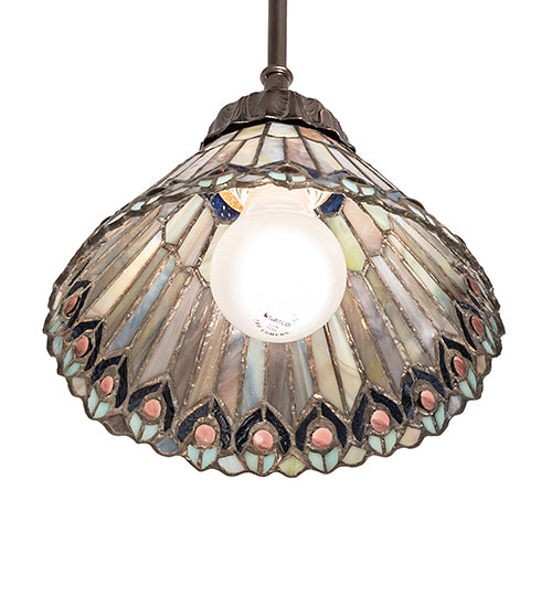 Meyda Lighting Tiffany Jeweled Peacock 8" Mahogany Bronze Mini Pendant Light With Multi-Colored Stained Shade Glass