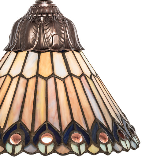 Meyda Lighting Tiffany Jeweled Peacock 8" Mahogany Bronze Mini Pendant Light With Multi-Colored Stained Shade Glass