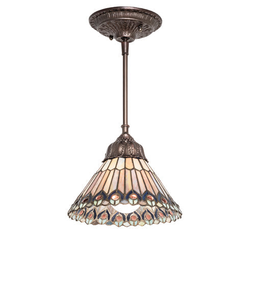 Meyda Lighting Tiffany Jeweled Peacock 8" Mahogany Bronze Mini Pendant Light With Multi-Colored Stained Shade Glass