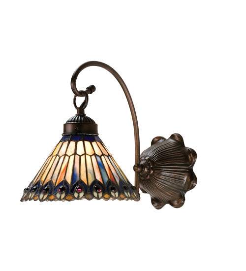 Meyda Lighting Tiffany Jeweled Peacock 8" Mahogany Bronze Wall Sconce With Multi-Colored Shade Glass