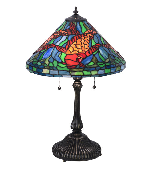 Meyda Lighting Tiffany Koi 25" 2-Light Antique Brass Table Lamp With Multi-Colored Shade Glass