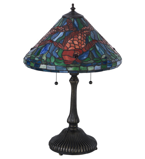 Meyda Lighting Tiffany Koi 25" 2-Light Antique Brass Table Lamp With Multi-Colored Shade Glass