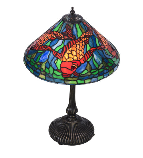Meyda Lighting Tiffany Koi 25" 2-Light Antique Brass Table Lamp With Multi-Colored Shade Glass