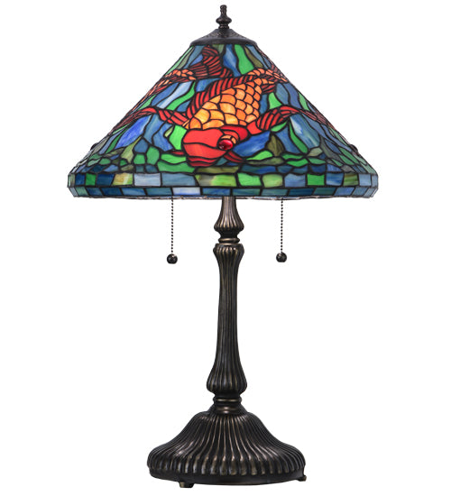 Meyda Lighting Tiffany Koi 25" 2-Light Antique Brass Table Lamp With Multi-Colored Shade Glass