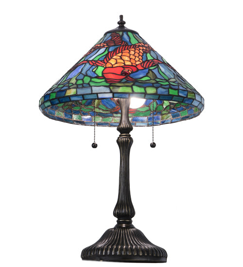 Meyda Lighting Tiffany Koi 25" 2-Light Antique Brass Table Lamp With Multi-Colored Shade Glass