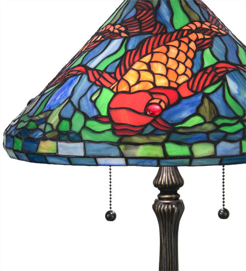 Meyda Lighting Tiffany Koi 25" 2-Light Antique Brass Table Lamp With Multi-Colored Shade Glass