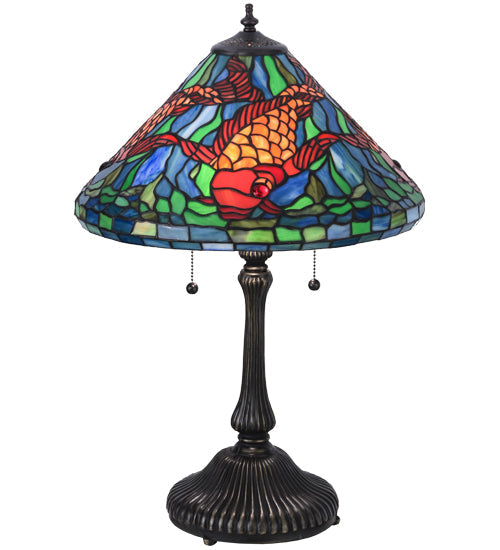 Meyda Lighting Tiffany Koi 25" 2-Light Antique Brass Table Lamp With Multi-Colored Shade Glass