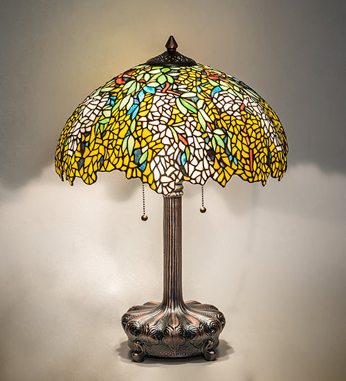 Meyda Lighting Tiffany Laburnum 23" 2-Light Mahogany Bronze Table Lamp With Multi-Colored Stained Shade Glass