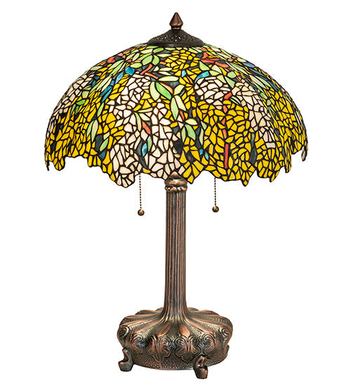 Meyda Lighting Tiffany Laburnum 23" 2-Light Mahogany Bronze Table Lamp With Multi-Colored Stained Shade Glass