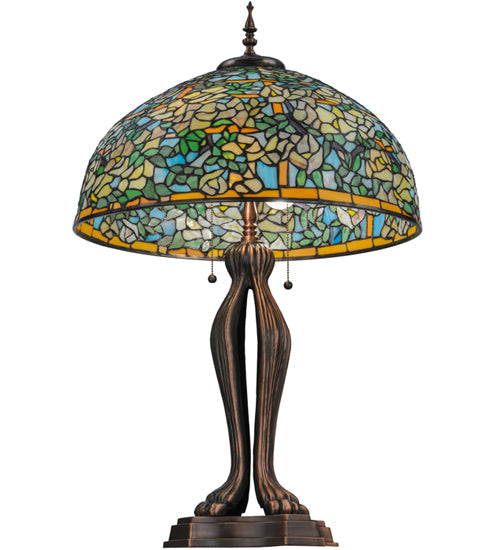 Meyda Lighting Tiffany Laburnum 36" 2-Light Mahogany Bronze Trellis Table Lamp With Multi-Colored Shade Glass