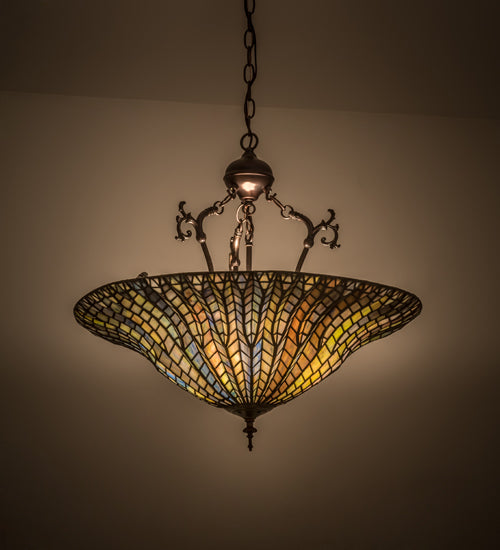 Meyda Lighting Tiffany Lotus Leaf 24" 3-Light Mahogany Bronze Inverted Pendant Light With Multi-Colored Stained Shade Glass