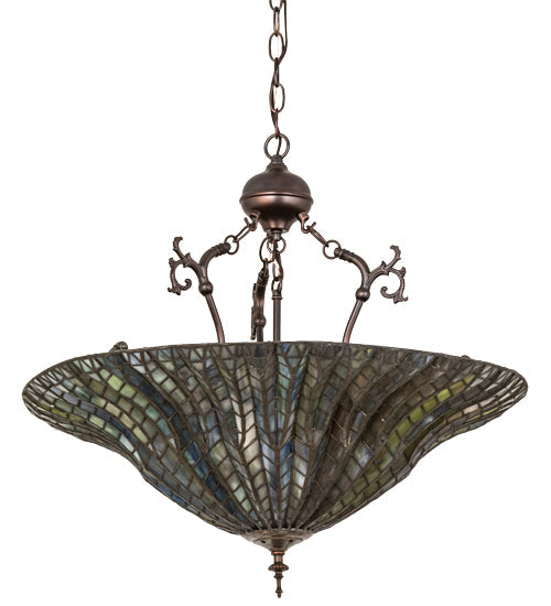 Meyda Lighting Tiffany Lotus Leaf 24" 3-Light Mahogany Bronze Inverted Pendant Light With Multi-Colored Stained Shade Glass