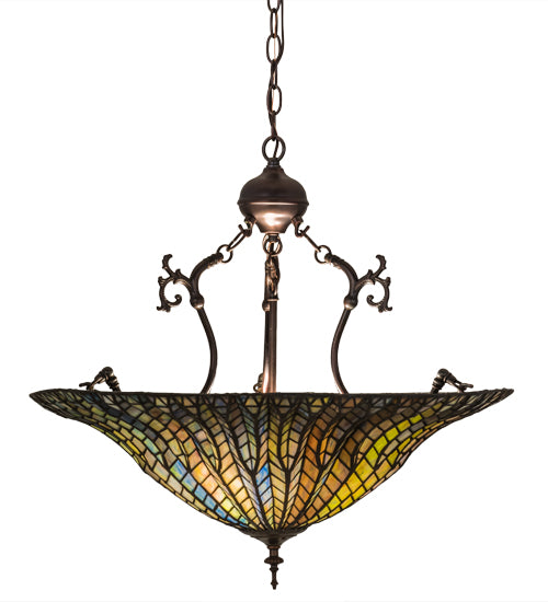 Meyda Lighting Tiffany Lotus Leaf 24" 3-Light Mahogany Bronze Inverted Pendant Light With Multi-Colored Stained Shade Glass
