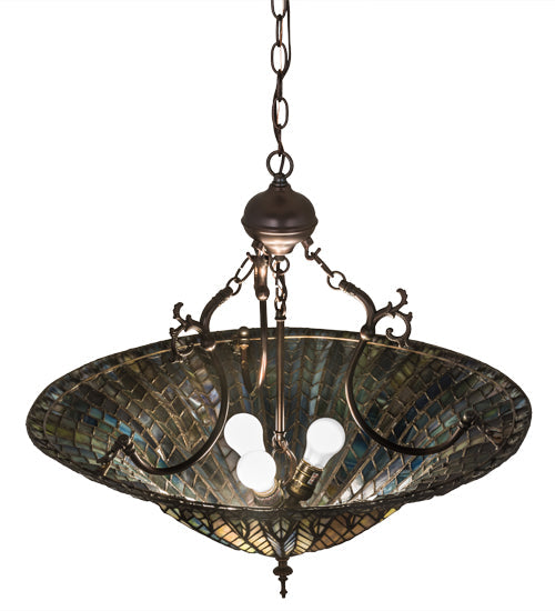 Meyda Lighting Tiffany Lotus Leaf 24" 3-Light Mahogany Bronze Inverted Pendant Light With Multi-Colored Stained Shade Glass