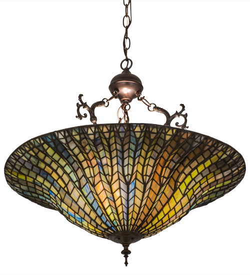 Meyda Lighting Tiffany Lotus Leaf 24" 3-Light Mahogany Bronze Inverted Pendant Light With Multi-Colored Stained Shade Glass