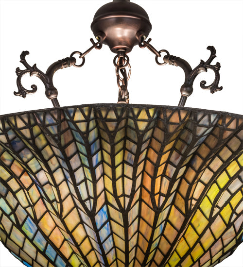 Meyda Lighting Tiffany Lotus Leaf 24" 3-Light Mahogany Bronze Inverted Pendant Light With Multi-Colored Stained Shade Glass