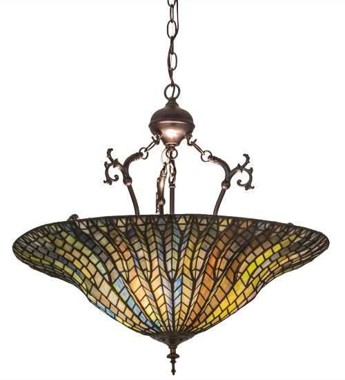 Meyda Lighting Tiffany Lotus Leaf 24" 3-Light Mahogany Bronze Inverted Pendant Light With Multi-Colored Stained Shade Glass