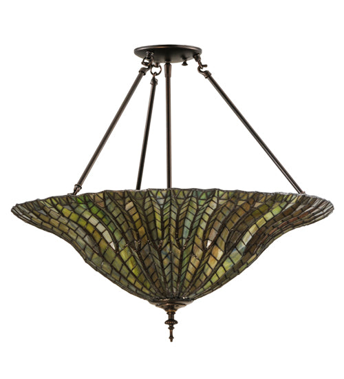 Meyda Lighting Tiffany Lotus Leaf 24" 3-Light Mahogany Bronze Semi-flush Mount Ceiling Light With Multi-Colored Shade Glass