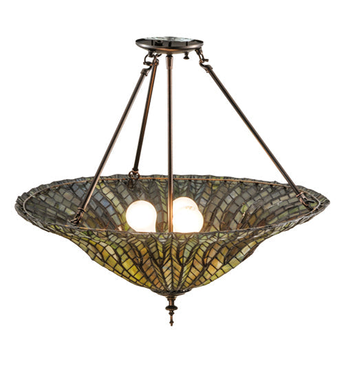Meyda Lighting Tiffany Lotus Leaf 24" 3-Light Mahogany Bronze Semi-flush Mount Ceiling Light With Multi-Colored Shade Glass