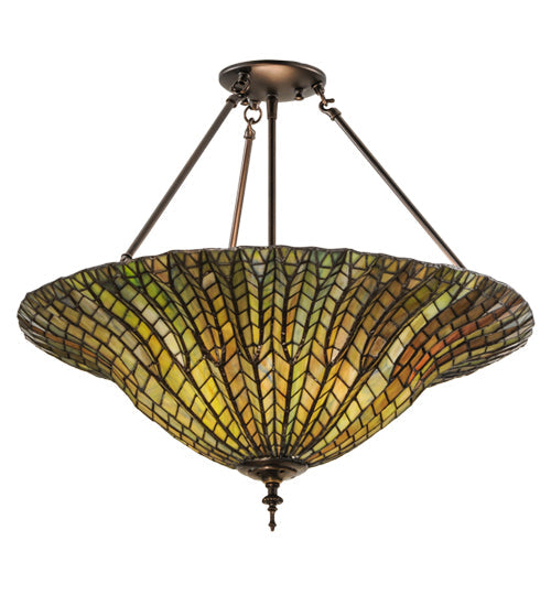Meyda Lighting Tiffany Lotus Leaf 24" 3-Light Mahogany Bronze Semi-flush Mount Ceiling Light With Multi-Colored Shade Glass