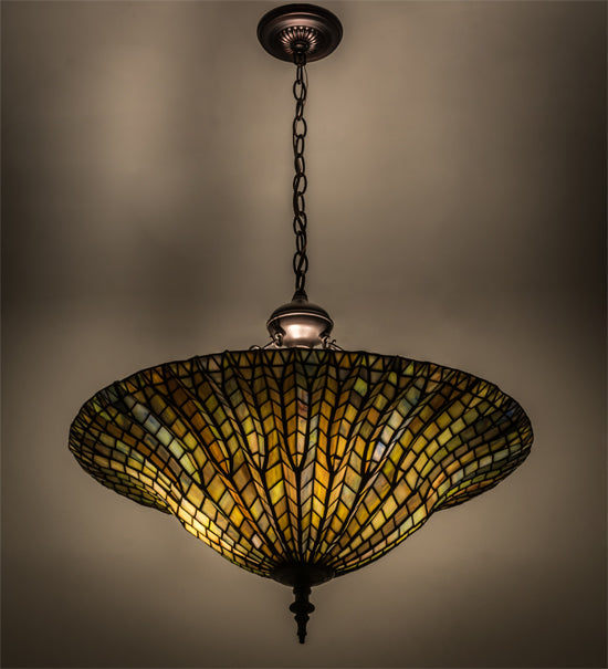 Meyda Lighting Tiffany Lotus Leaf 24" 6-Light Mahogany Bronze Inverted Pendant Light With Multi-Colored Shade Glass