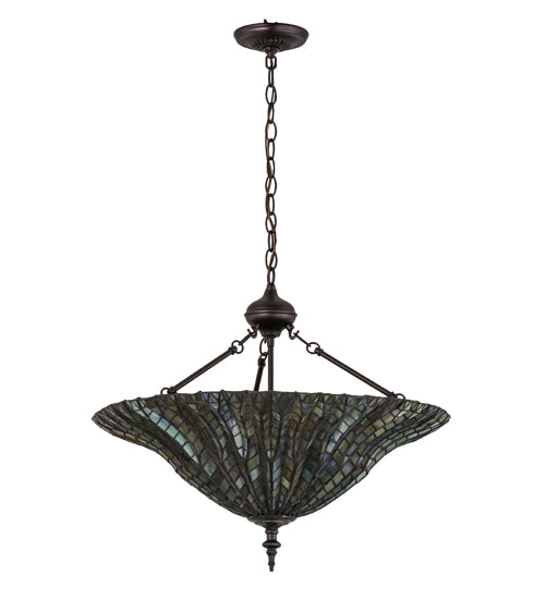 Meyda Lighting Tiffany Lotus Leaf 24" 6-Light Mahogany Bronze Inverted Pendant Light With Multi-Colored Shade Glass