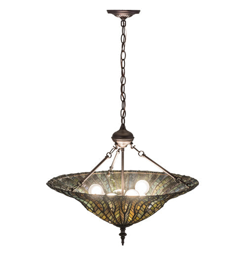 Meyda Lighting Tiffany Lotus Leaf 24" 6-Light Mahogany Bronze Inverted Pendant Light With Multi-Colored Shade Glass