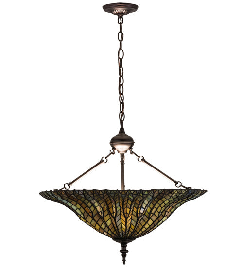 Meyda Lighting Tiffany Lotus Leaf 24" 6-Light Mahogany Bronze Inverted Pendant Light With Multi-Colored Shade Glass