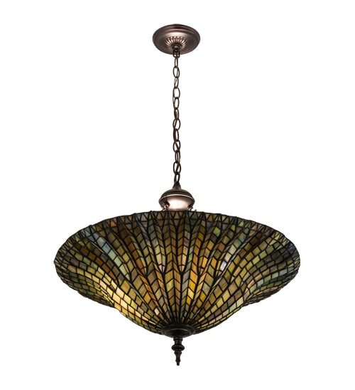 Meyda Lighting Tiffany Lotus Leaf 24" 6-Light Mahogany Bronze Inverted Pendant Light With Multi-Colored Shade Glass