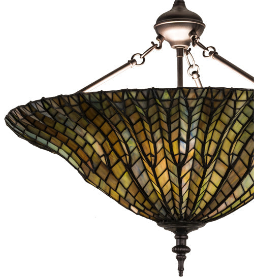 Meyda Lighting Tiffany Lotus Leaf 24" 6-Light Mahogany Bronze Inverted Pendant Light With Multi-Colored Shade Glass