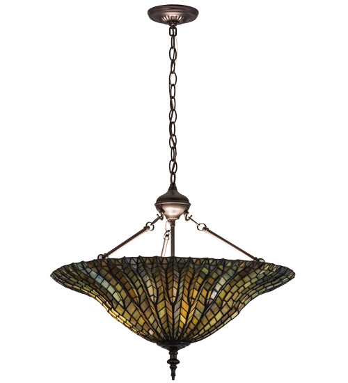 Meyda Lighting Tiffany Lotus Leaf 24" 6-Light Mahogany Bronze Inverted Pendant Light With Multi-Colored Shade Glass