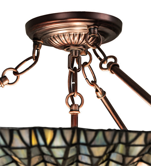 Meyda Lighting Tiffany Lotus Leaf 25" 3-Light Mahogany Bronze Semi-flush Mount Light With Multi-Colored Stained Shade Glass