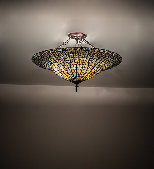 Meyda Lighting Tiffany Lotus Leaf 25" 3-Light Mahogany Bronze Semi-flush Mount Light With Multi-Colored Stained Shade Glass