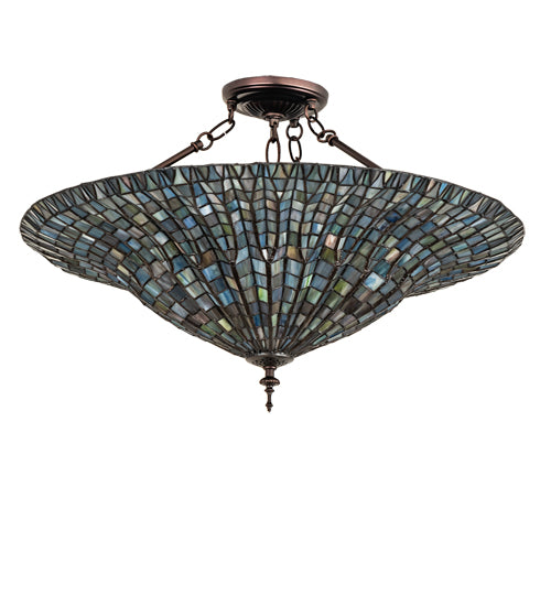 Meyda Lighting Tiffany Lotus Leaf 25" 3-Light Mahogany Bronze Semi-flush Mount Light With Multi-Colored Stained Shade Glass