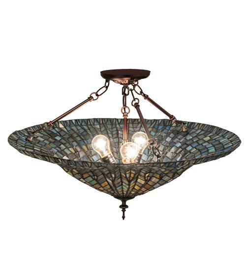 Meyda Lighting Tiffany Lotus Leaf 25" 3-Light Mahogany Bronze Semi-flush Mount Light With Multi-Colored Stained Shade Glass