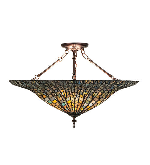 Meyda Lighting Tiffany Lotus Leaf 25" 3-Light Mahogany Bronze Semi-flush Mount Light With Multi-Colored Stained Shade Glass