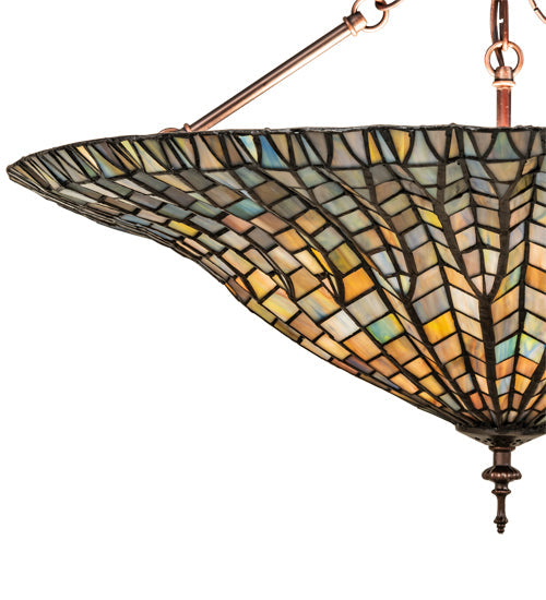 Meyda Lighting Tiffany Lotus Leaf 25" 3-Light Mahogany Bronze Semi-flush Mount Light With Multi-Colored Stained Shade Glass