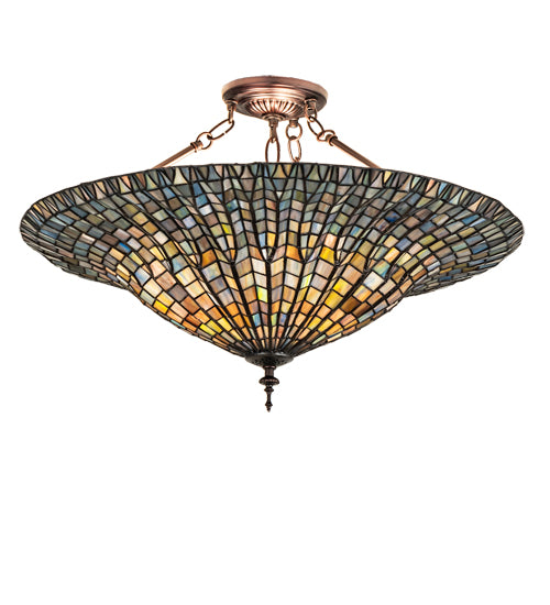 Meyda Lighting Tiffany Lotus Leaf 25" 3-Light Mahogany Bronze Semi-flush Mount Light With Multi-Colored Stained Shade Glass