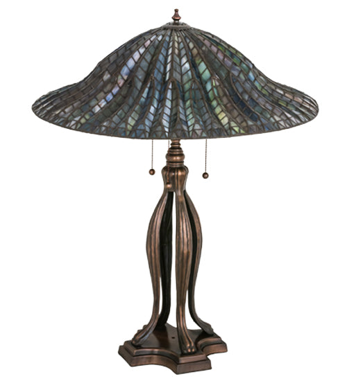 Meyda Lighting Tiffany Lotus Leaf 31" 3-Light Mahogany Bronze Table Lamp With Multi-Colored Stained Shade Glass