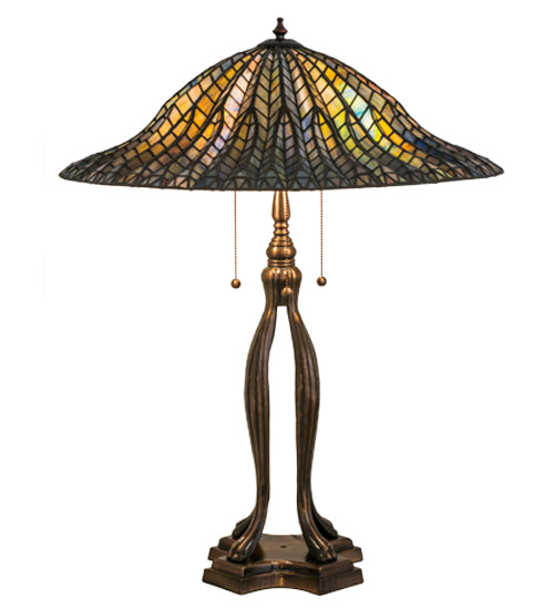 Meyda Lighting Tiffany Lotus Leaf 31" 3-Light Mahogany Bronze Table Lamp With Multi-Colored Stained Shade Glass
