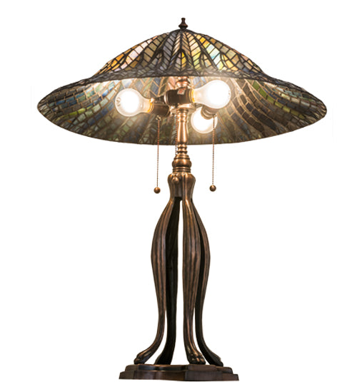 Meyda Lighting Tiffany Lotus Leaf 31" 3-Light Mahogany Bronze Table Lamp With Multi-Colored Stained Shade Glass