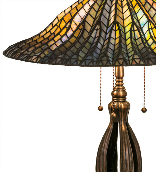 Meyda Lighting Tiffany Lotus Leaf 31" 3-Light Mahogany Bronze Table Lamp With Multi-Colored Stained Shade Glass