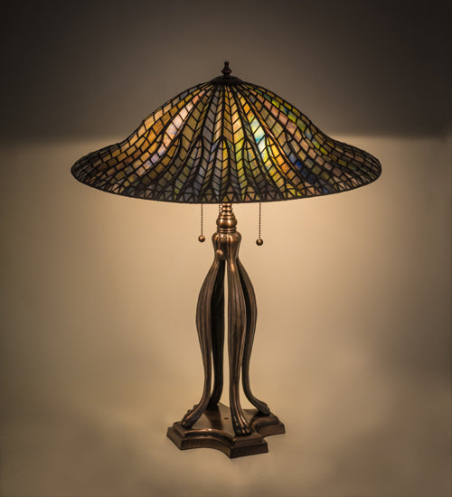 Meyda Lighting Tiffany Lotus Leaf 31" 3-Light Mahogany Bronze Table Lamp With Multi-Colored Stained Shade Glass