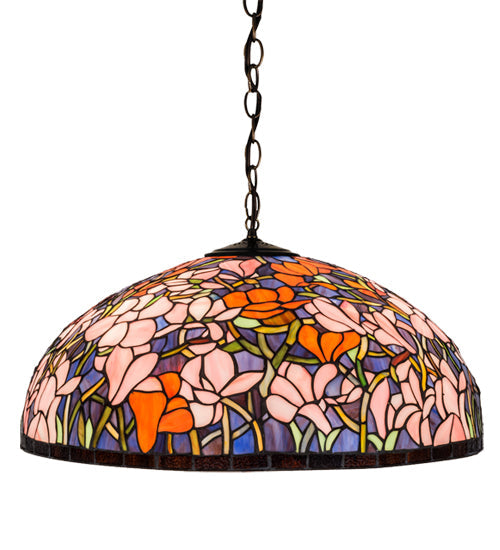 Meyda Lighting Tiffany Magnolia 22" 3-Light Mahogany Bronze Pendant Light With Multi-Colored Shade Glass