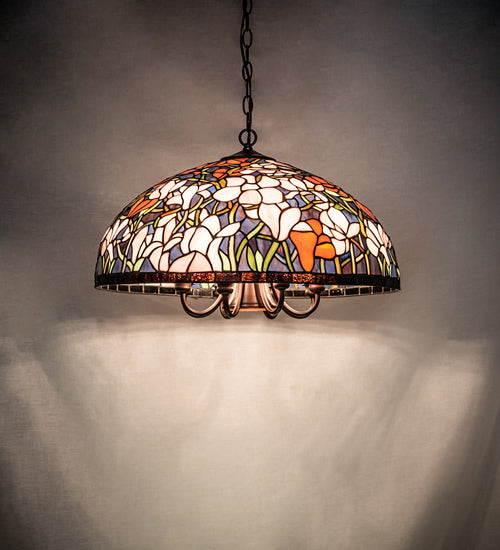 Meyda Lighting Tiffany Magnolia 22" 9-Light Mahogany Bronze Pendant Light With Multi-Colored Shade Glass